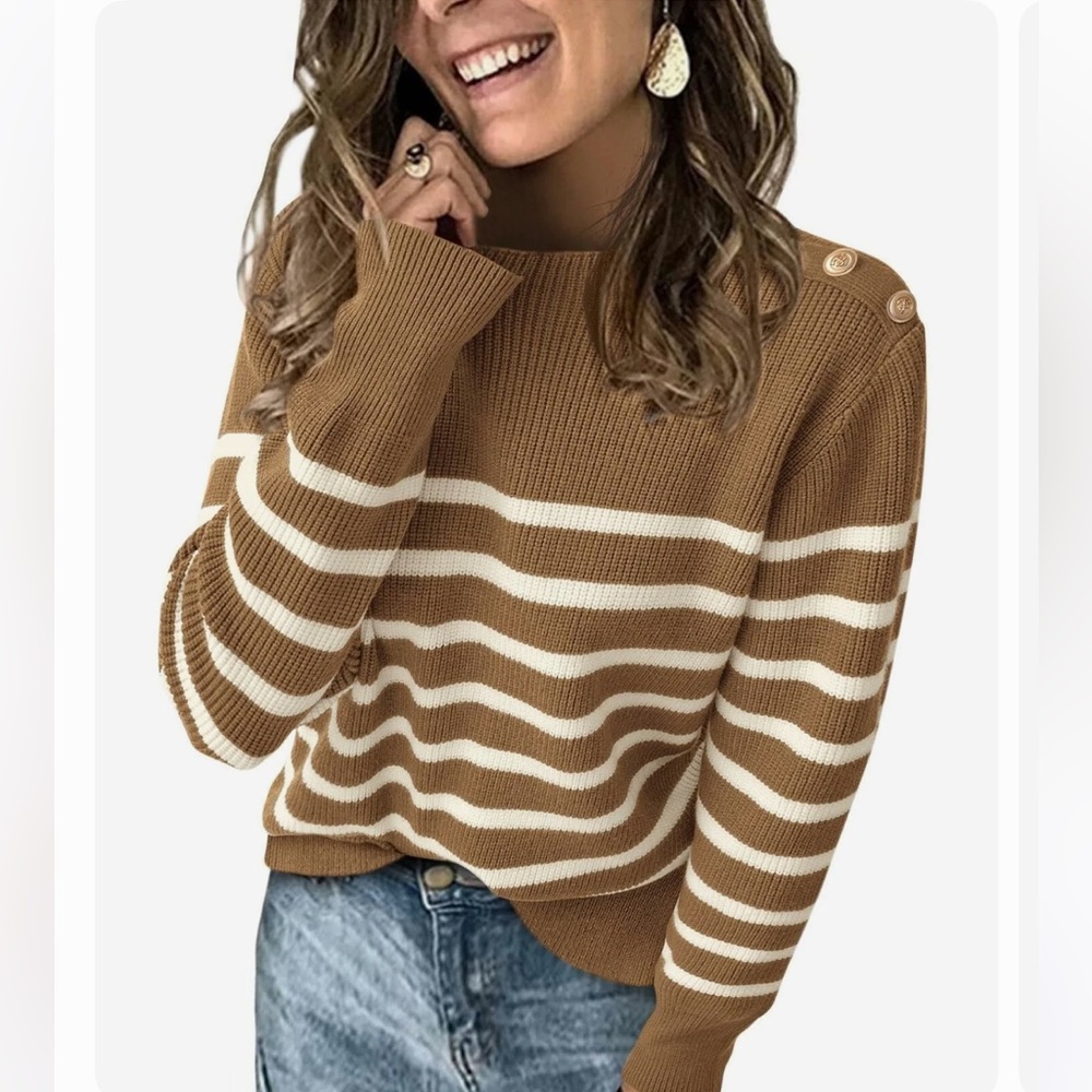 Nautical Crewneck Sweater Medium Mocha and Cream Striped NWT